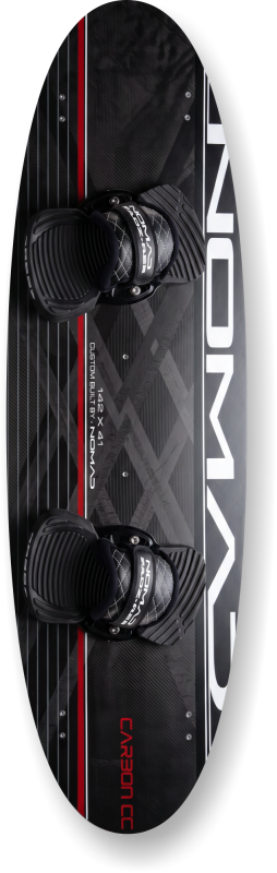 Top-down view of the Nomad Wave Twin-Tip Carbon CC, showing the elliptical outline, RS-2 pads and straps, and carbon construction